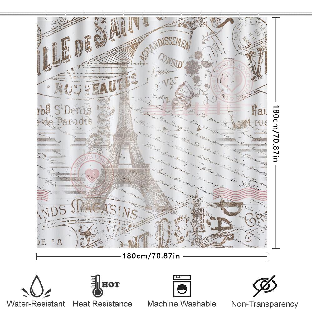 Retro Eiffel Tower Print Shower Curtain For Bathroom Decor White Brown Tones Waterproof Fabric With Grommets Set