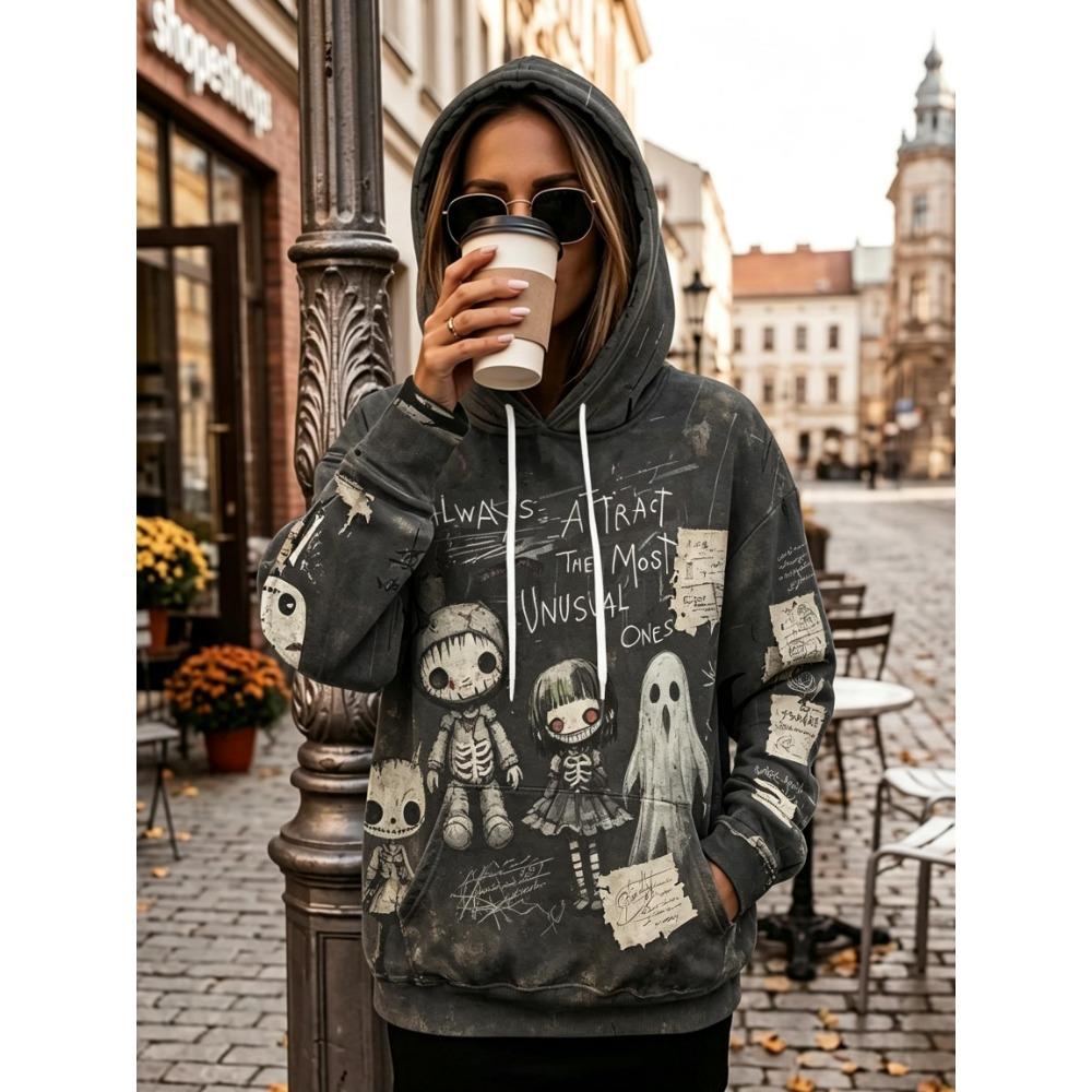 Women Fleece Hoodie Halloween Gothic Voodoo Doll Ghost Pumpkin Print Letter Graphic Drawstring Kangaroo Pocket Sweatshirt