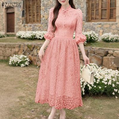 Women Casual Stand Collar Loose Long Sleeve Patchwork Lace Dress