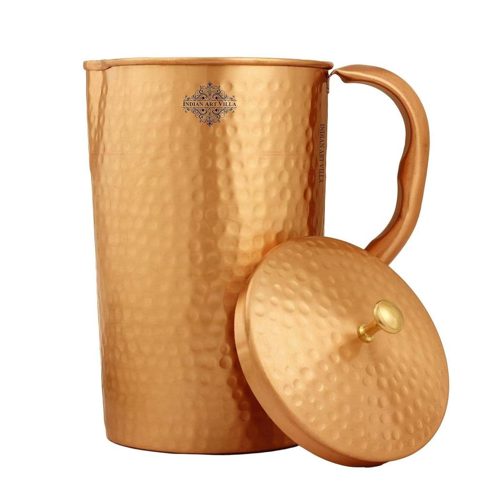 Hammered Lacqure Coated Copper Jug Pitcher with Brass Knob, Storage & Serving Water, Yoga Ayurveda Healing, Volume- 2000 ML