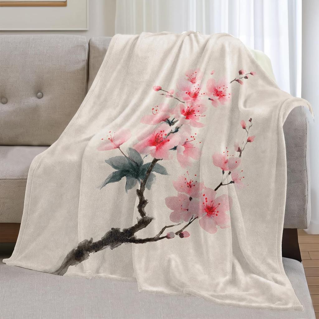 GUOYU Blanket Cherry Blossom Flannel Blanket Gifts for Floral LoverJapanese Watercolor Flower Branch Throw Blankets with Beige Backgroundfor