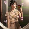 Women O Neck Striped Short Sleeve Slim Pullover Crop Top T-Shirt