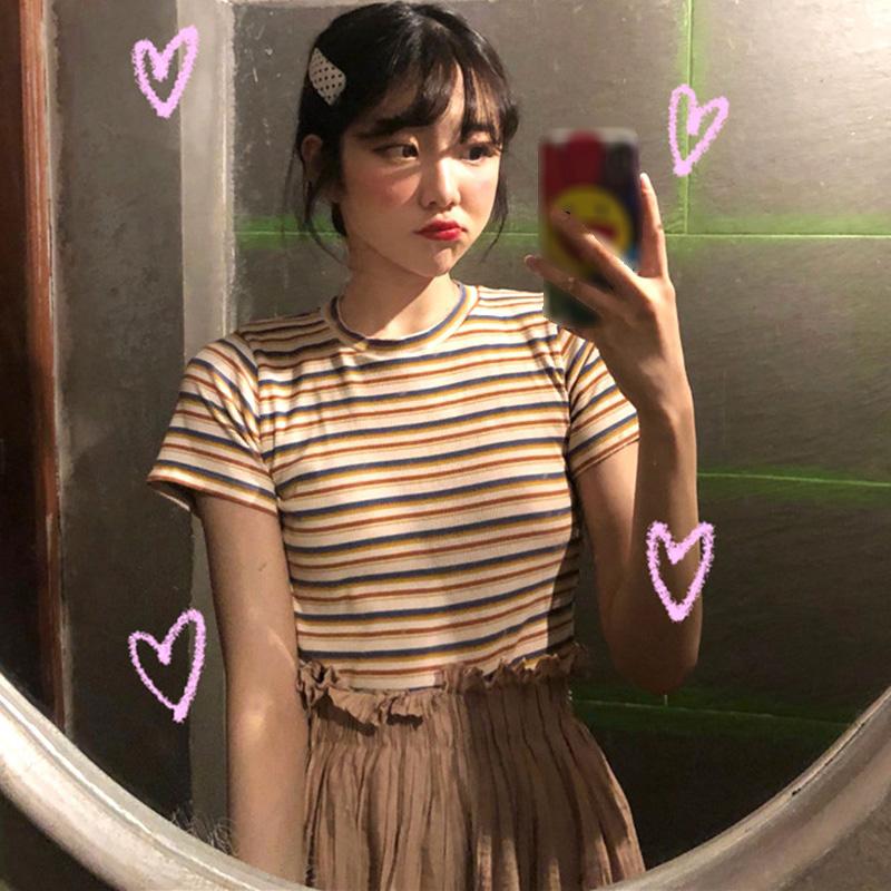 Women O Neck Striped Short Sleeve Slim Pullover Crop Top T-Shirt