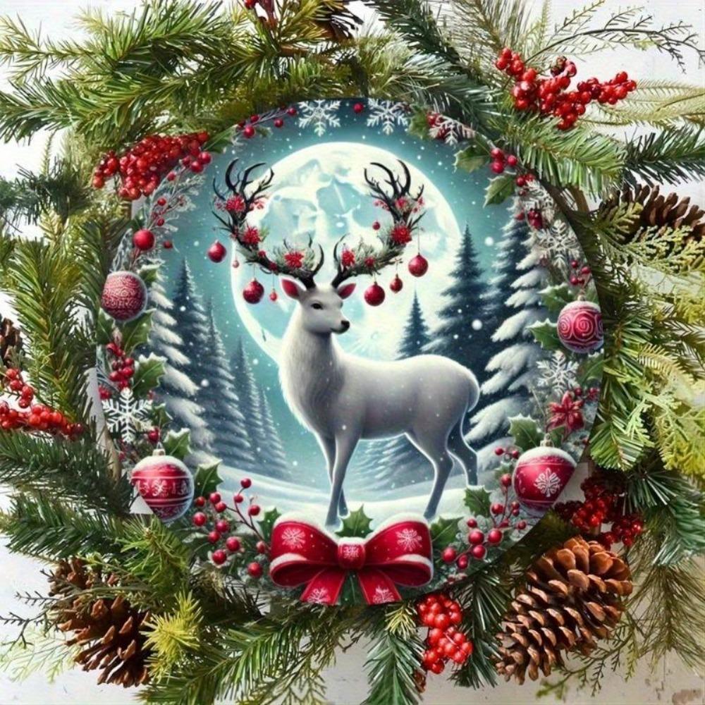 Vintage Rustic Christmas Tin Sign Wall Art Round Metal Plaque Winter Deer Holiday Home Decor