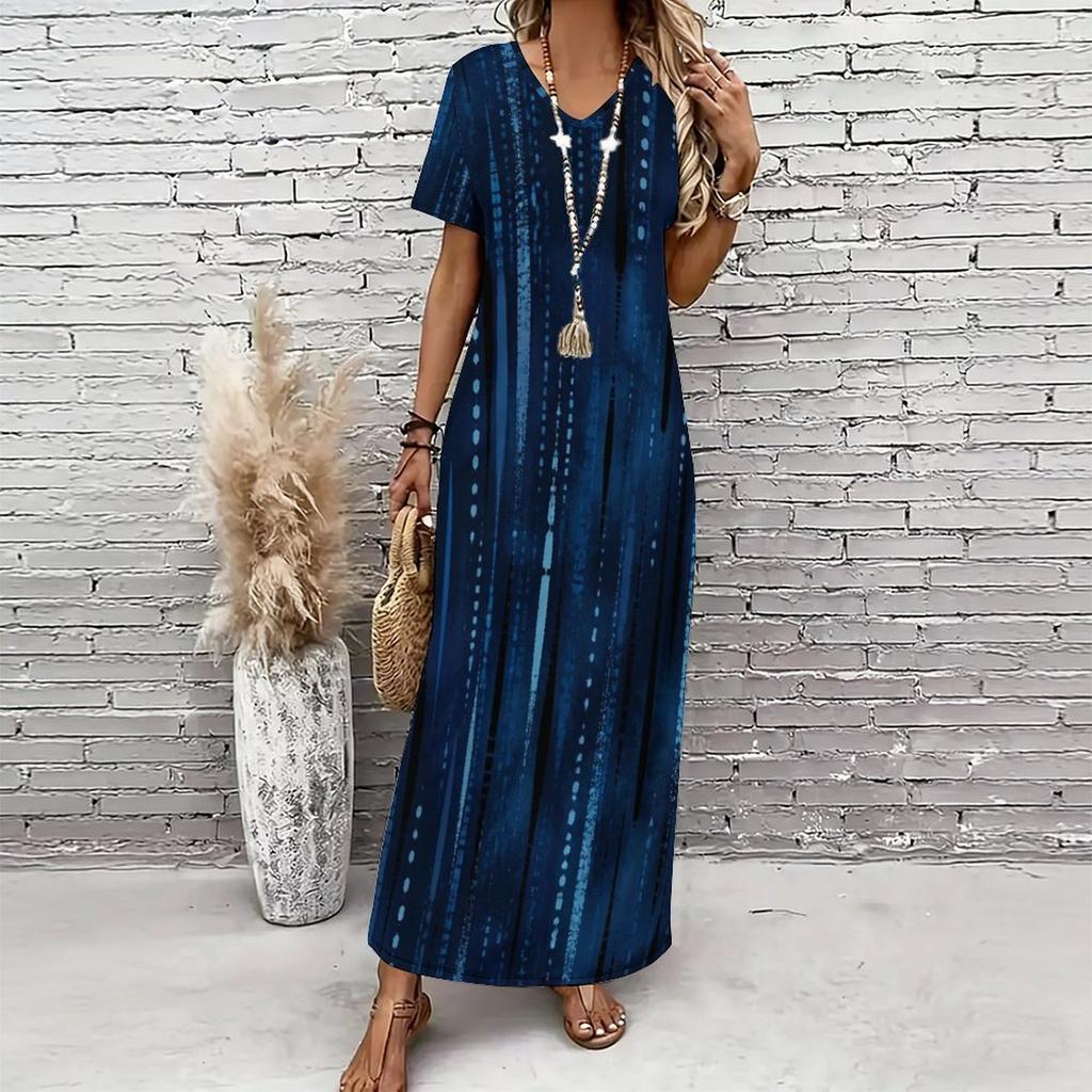 Women Plus Size V Neck Short Sleeve Printed Straight Maxi Dress