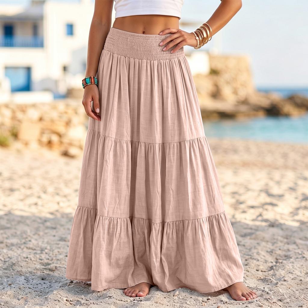 Women's High Waist Cotton Linen Beach Skirt - Color Patchwork Midi Skirt for Summer