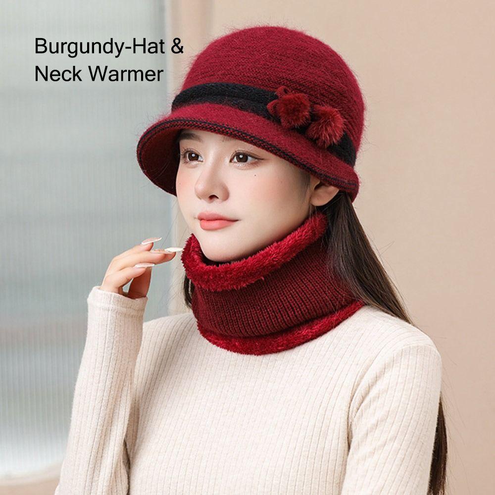Outdoor Elderly Middle Aged Winter Beanie Hat Scarf Fleece Lining Warm Knit Bucket Hat Windproof Hat Scarf Set for Women