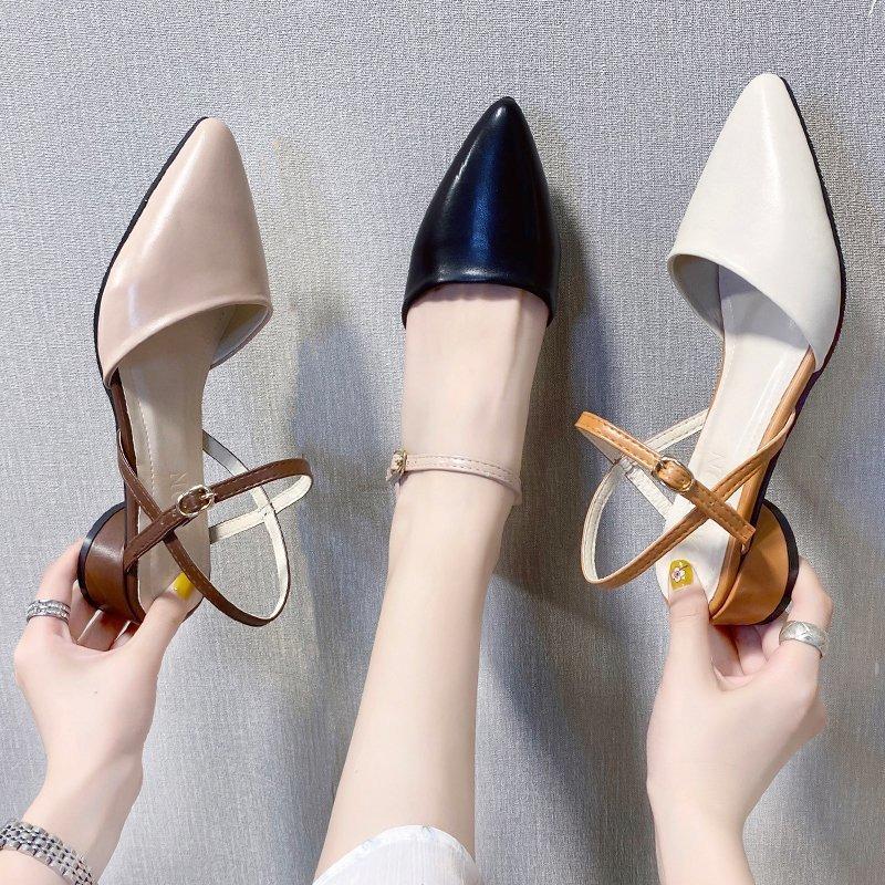 Sandals Women's 20 New Spring and Summer New Pointed Head Bag Head with Medium Heel Thick Heel Shoes