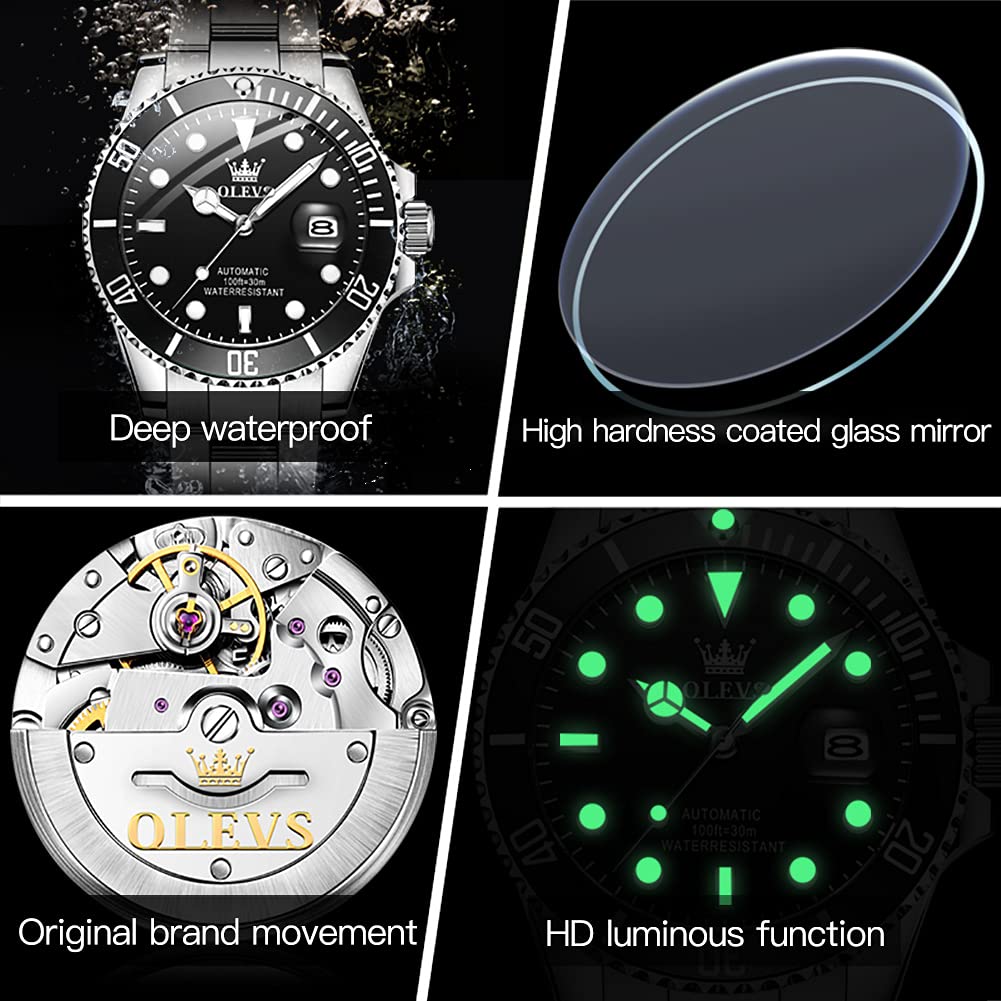 OLEVS Mechanical Watch Automatic Manual Winding Arm Clock Waterproof Luminous Date Stainless Steel Present Watch for Man Black Men's