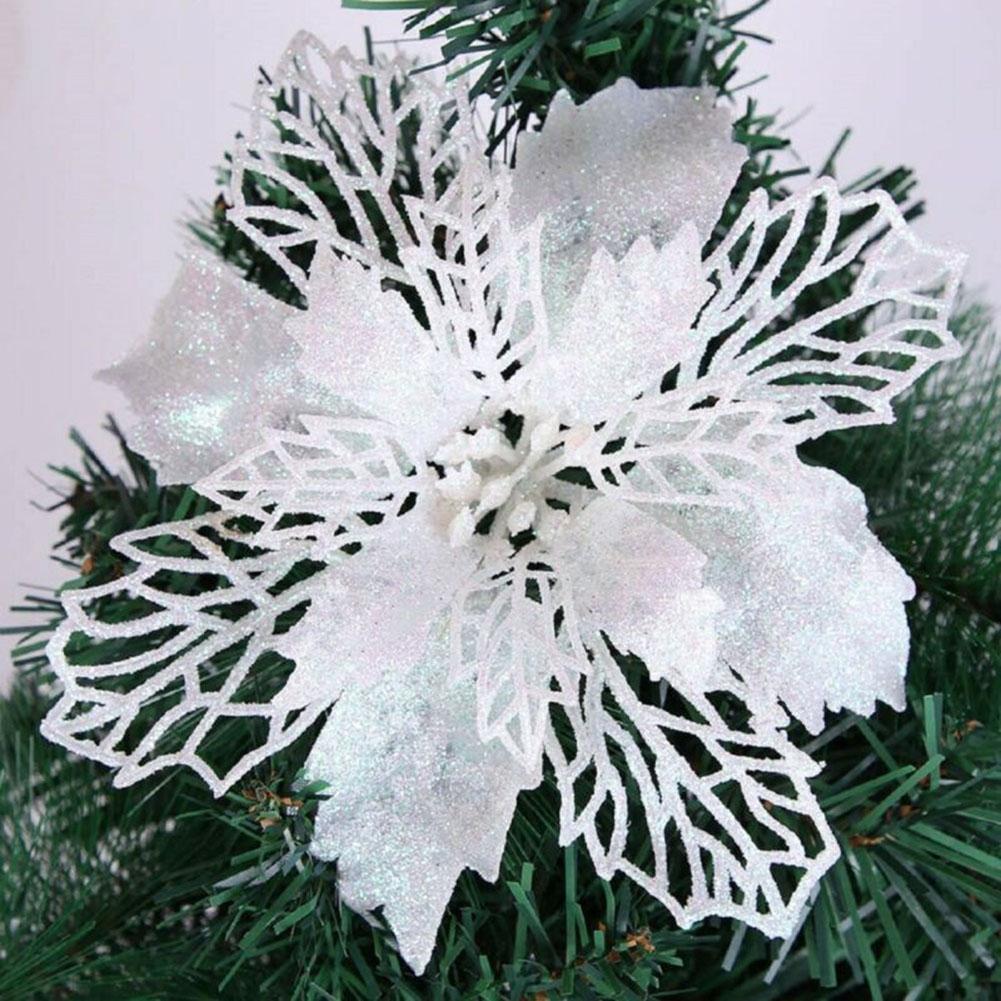 Sparkling Christmas Poinsettia Flower Tree Hanging Decoration Pack of 10