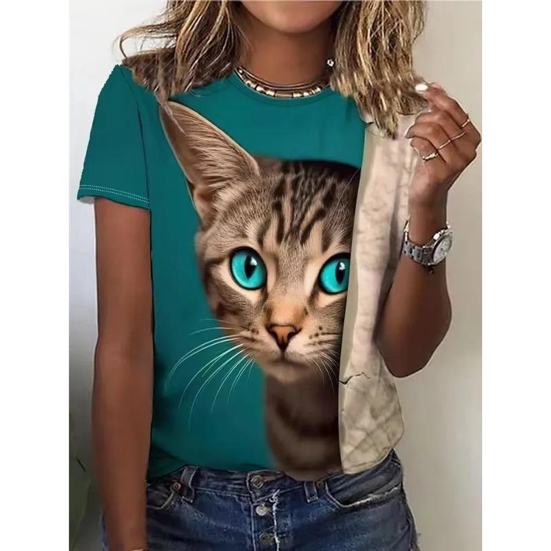Summer Round Neck 3D Cute Cat Pattern Print Top Fashionable Casual Short Sleeved Women's T-shirts