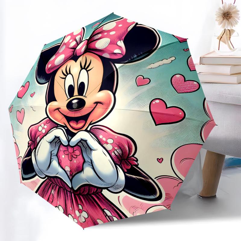 1pc Sturdy 8-Bone Auto Umbrella, Minnie Mouse Pastel Pink Floral Umbrella, Digital Printed, Foldable Umbrella for On-the-Go Outdoor Use