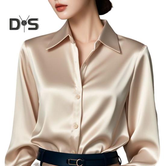 

Женская рубашка из гладкого атласа с длинным рукавом и лацканами, повседневные топы, однобортная рубашка для офиса в стиле французского стиля M шампанского
