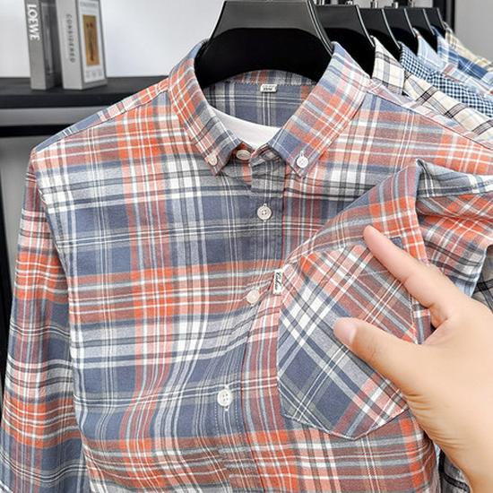 

Мужская премиальная хлопковая рубашка в клетку с длинным рукавом: Отложной воротник, Весна/Осень, Деловой кэжуал L темно-серого