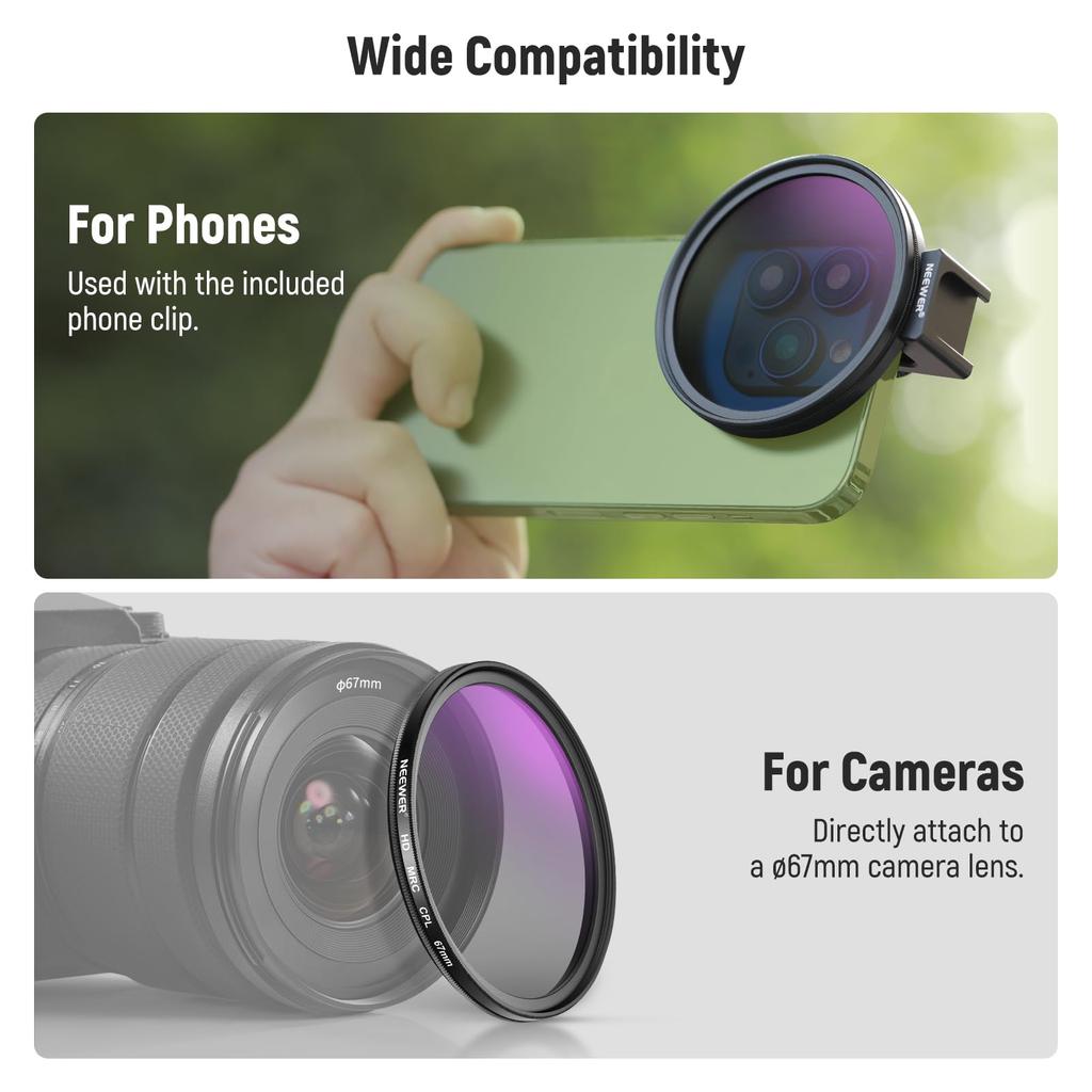 NEEWER 67mm CPL Filter with Cold Shoe Smartphone Lens HD Polarizing Circular Includes Pouch and Cleaning Compatible with iPhone Max S25 Clip, Filter,