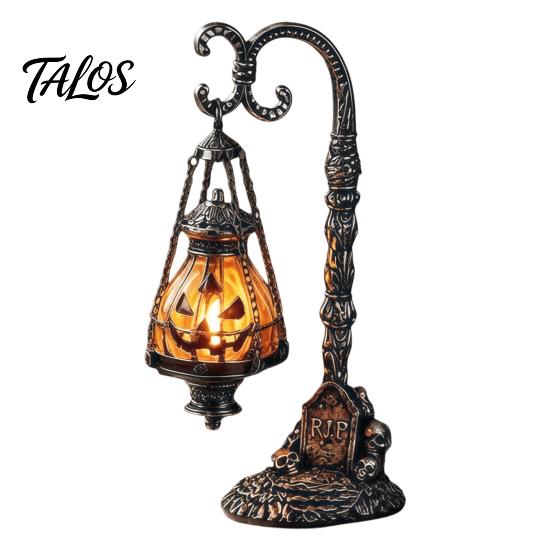 Espeluznante Adorno de Mesa de Resina Calavera Calabaza Gótica Soporte Linterna con Luz Cálida, Lámpara Decorativa de Escritorio Retro Decoración del Hogar, Luz de Atmósfera Curativa