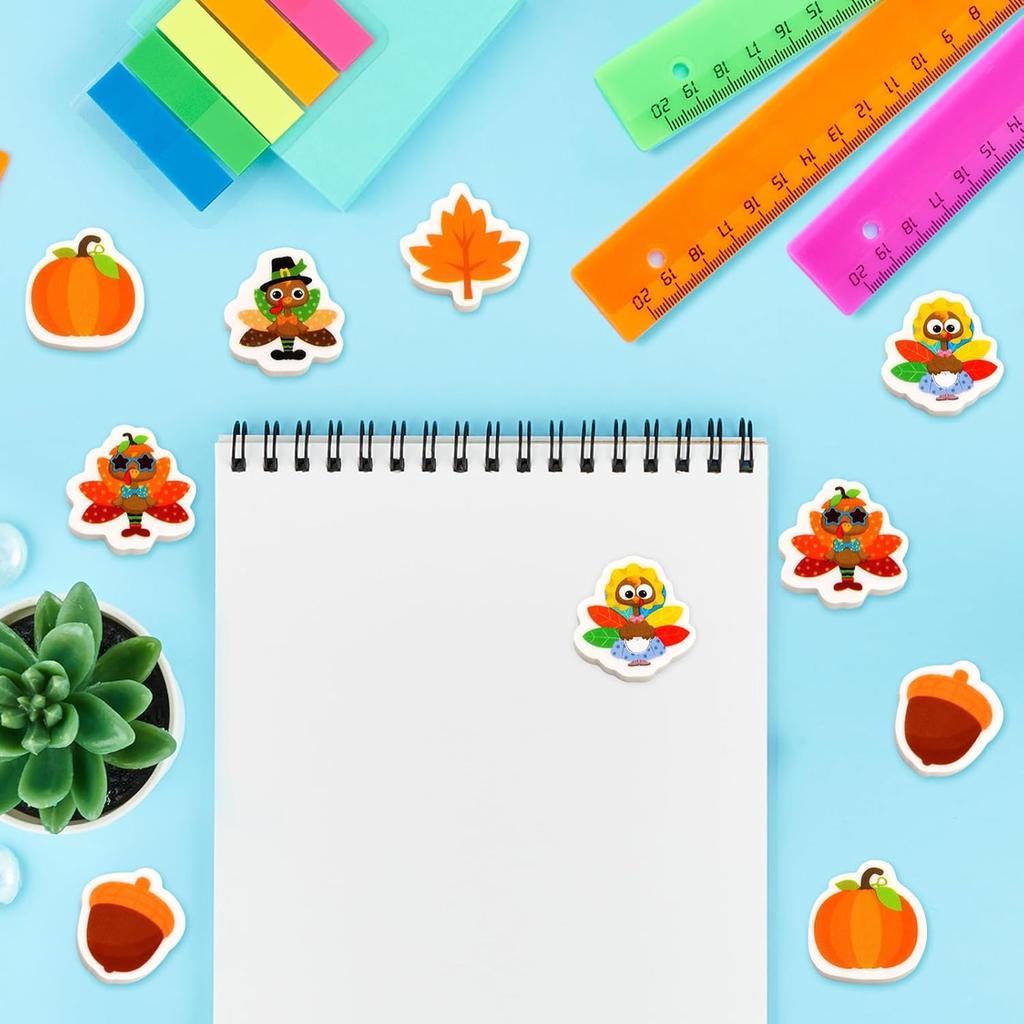 Ceiba Tree 60Pcs Thanksgiving Mini Erasers for Kids Bulk Turkey Maple Leaf Pumpkin Acorn Pencil Erasers Stationery for Student Classroom Prizes