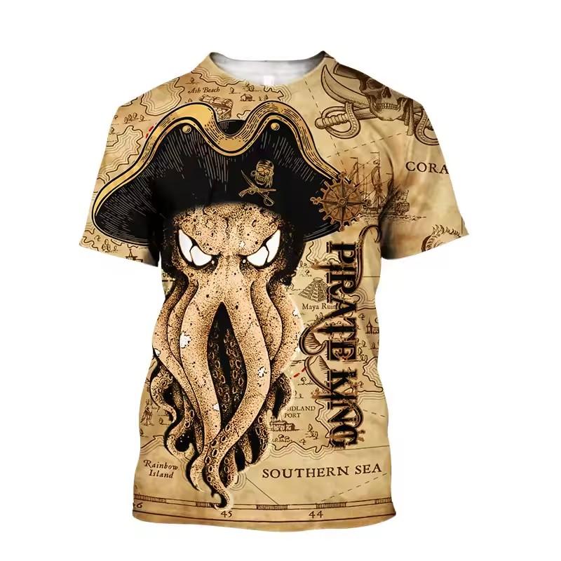 Men'S Summer 3d Printing Printed O-Collar Short Sleeve T-Shirt Ocean Octopus Art Personality Retro Plus Size Loose Top