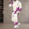 Men Plus Size Blue Printed Round Neck Long Sleeve Two Piece Cuffed Pants Set