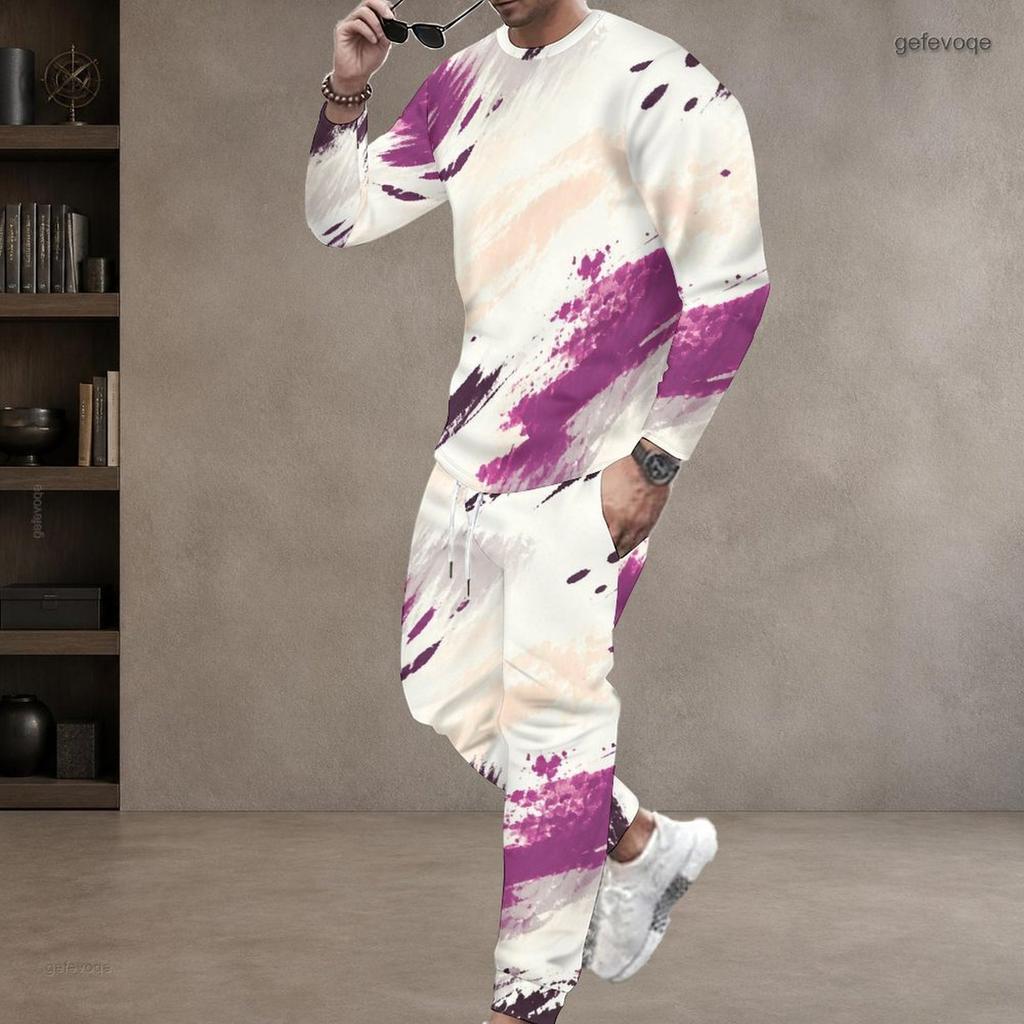 Men Plus Size Blue Printed Round Neck Long Sleeve Two Piece Cuffed Pants Set