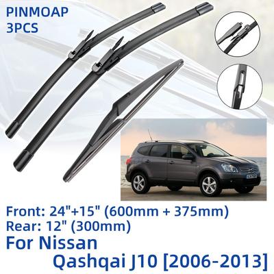 3 PCS Para Nissan Qashqai J10 2006-2013 24 "+ 15" + 12 "Lâminas de limpador dianteiras e traseiras para-brisa, acessórios para cortador de janela 2009 2010 2011 2012 2013
