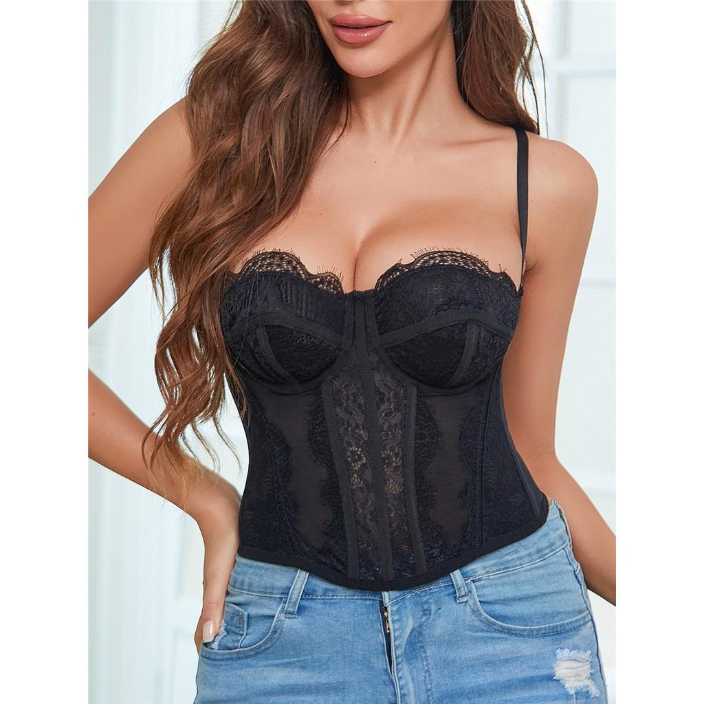 Damen Durchsichtiges Spitzenkorsett Cami-Oberteil, Spaghettiträger Bustier, Fischgräten Schlankmachendes Trägerloses Schlauchoberteil