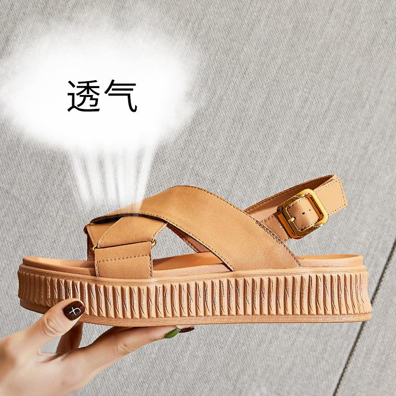 2025 summer new buckle platform women's sandals casual high heels flat leather women's shoes biscuits versatile women's tide