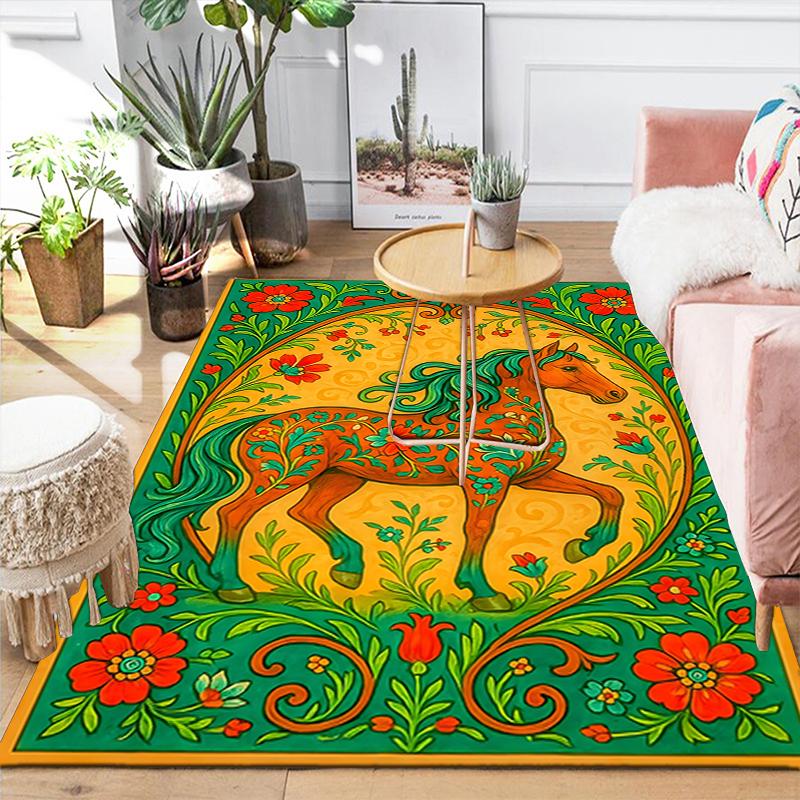 1Pc Floral Horse Illustration Rug, Office Carpet Indoor Outdoor Doormat, Non-Slip, Comfortable, Living, Christmas Halloween, Xmas Gift G1196