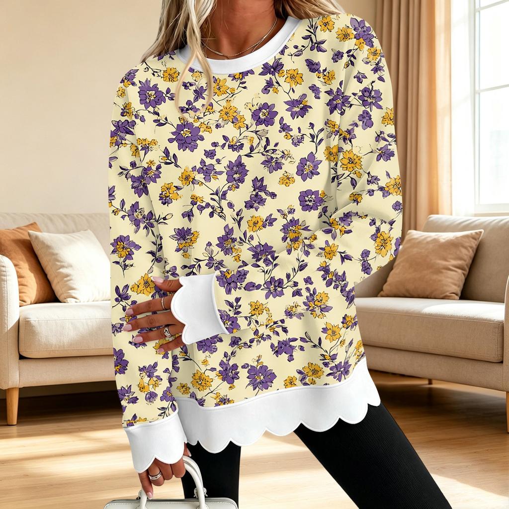 Damtröja med blommig tryck, rund halsringning, vågig kant och långa ärmar