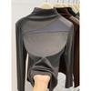 Plus Size Velvet Mesh Patchwork Stand Collar Long Sleeve Top for Women - Autumn/Winter Slimming Base Layer.