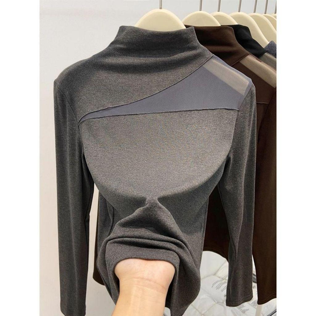Plus Size Velvet Mesh Patchwork Stand Collar Long Sleeve Top for Women - Autumn/Winter Slimming Base Layer.