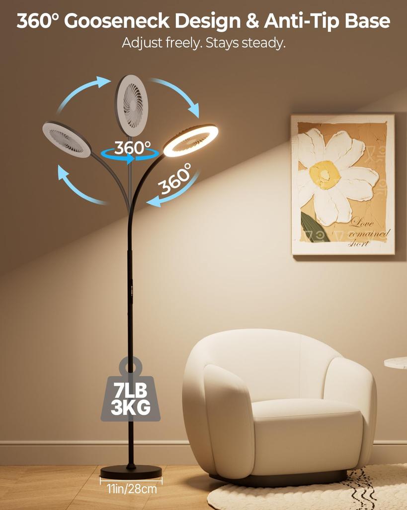 LED Floor Lamp with Fan, RGB 3-Stage Light Bar Fan Lamp, Stepless Dimming 3000K-6000K, 1800LM, Multi-Color, Remote Control and Button Operation,