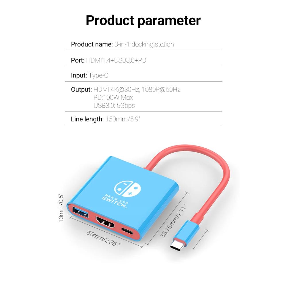 FOR Portable Nintendo Switch Docking Station TYPE-C Hub with HDMI and USB 3.0 Perfect for Travel and Gaming
