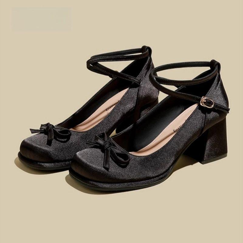 Satin bow thick heel Mary Jane shoes fairy fairy style small man height increase light mouth single shoes high heel women's shoes