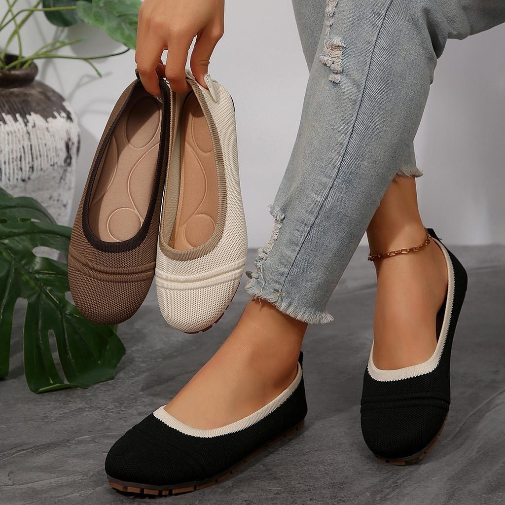 New Breathable Knitted Color Blocked Light Mouth Single Shoe for Women, Flat Bottomed Round Toe Mesh Shoes, Summer Casual Shoes