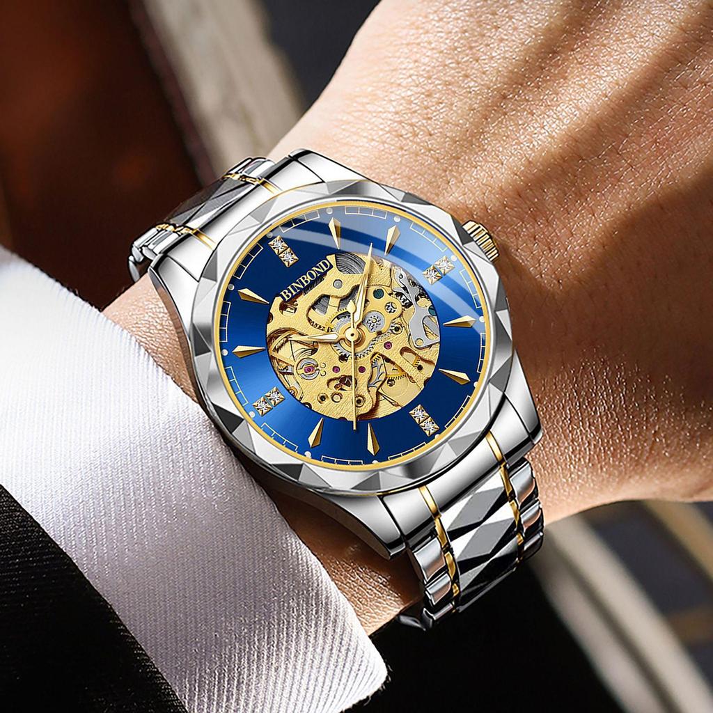 BINBOND Men's Automatic Mechanical Watch Skeleton Hollow Blue Dial Diamond Stainless Steel Waterproof Luxury Business Wristwatch