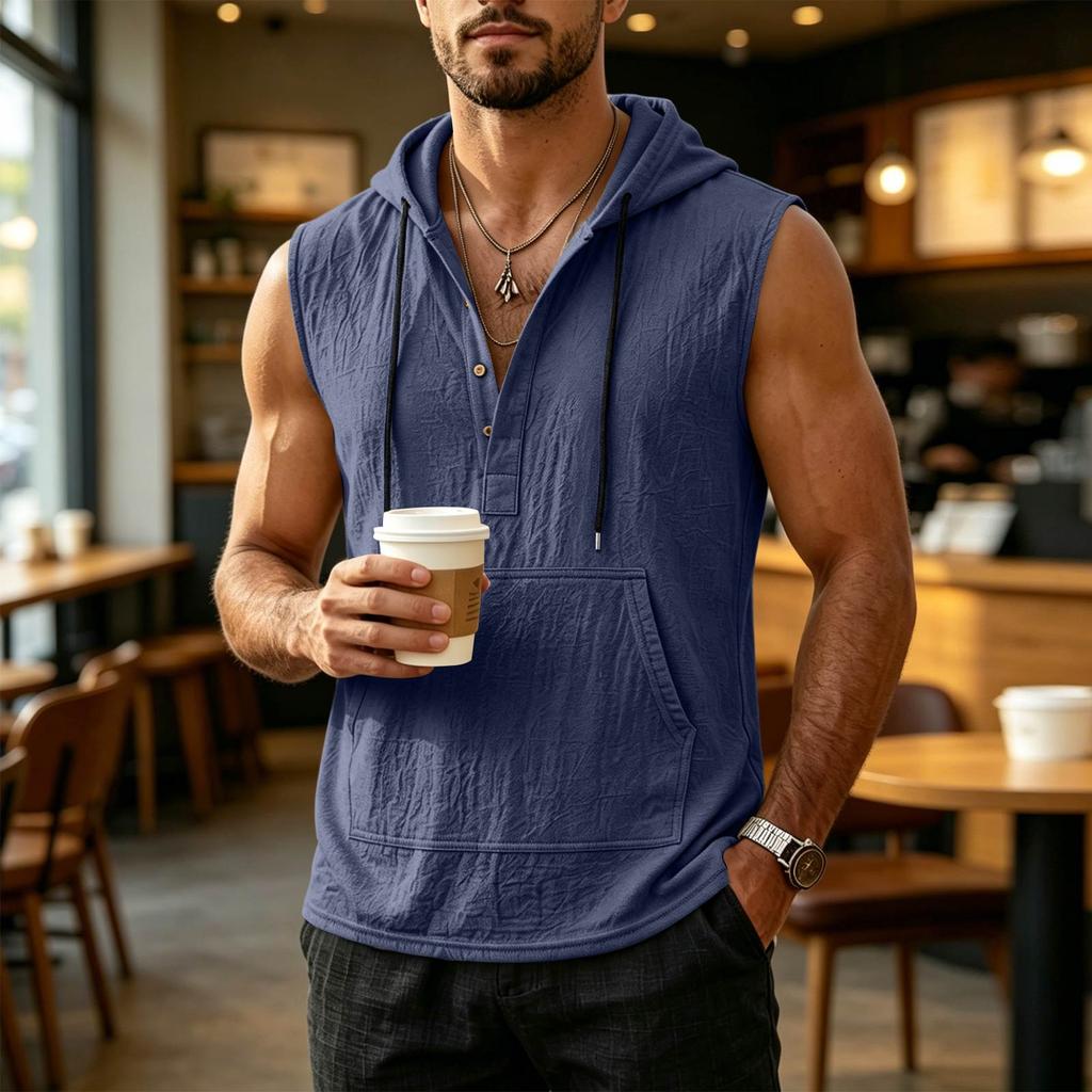 Men's Summer Loose Fit Sleeveless Hoodie Vest Casual Linen Pullover Shirt Lightweight Breathable Beachwear