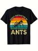 Easily Distracted by Ants Funny Graphic T-Shirt - 100% 180GSM Relaxed Fit Unisex Tee with Retro Stri
