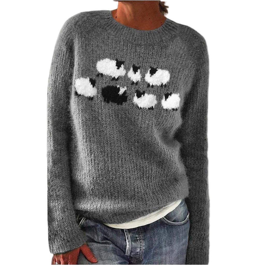 Ladies' Fashion Sweater, Round Neck, Color-block, Loose Pullover Long-sleeved Knitted Shirt Top