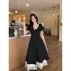 Plus Size Square Neck Elegant Tea Dress, Waist-Cinched, Summer Slimming Long Skirt