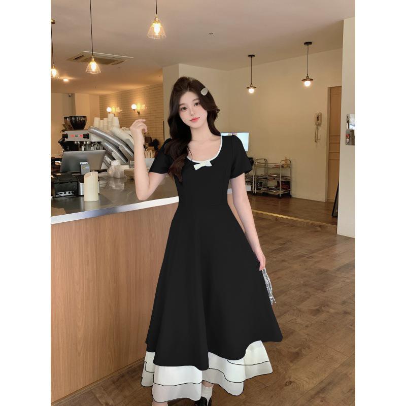 Plus Size Square Neck Elegant Tea Dress, Waist-Cinched, Summer Slimming Long Skirt