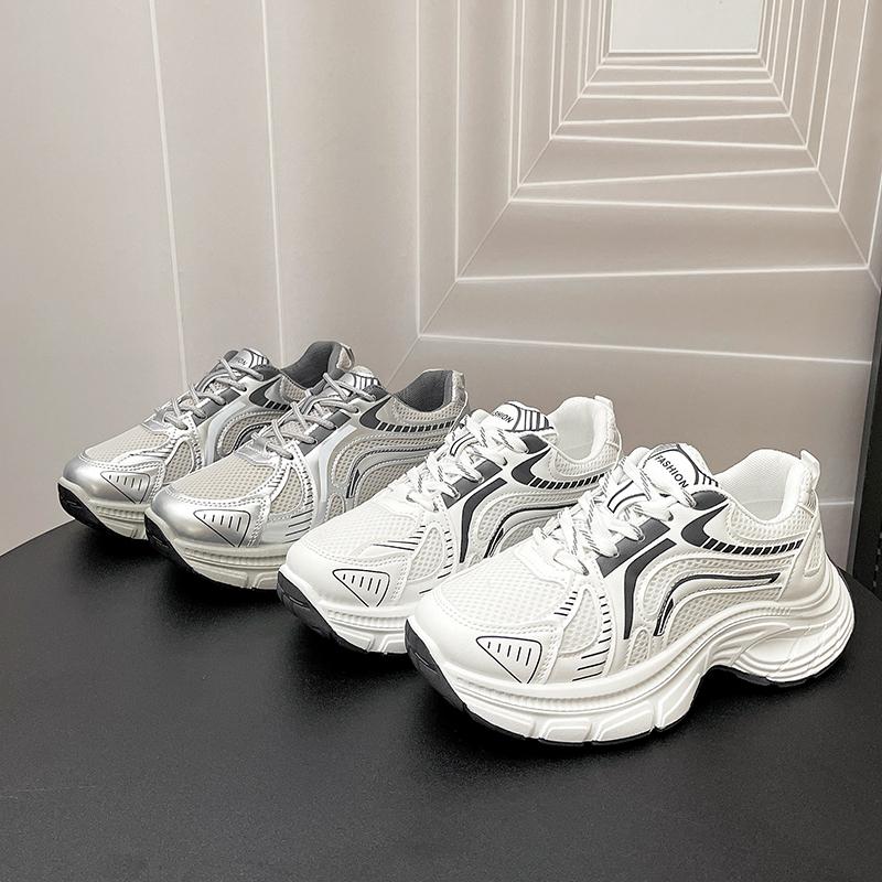 Fashion 2025 New Women Sports Shoes Thick Sole Chunky Sneakers Knitted Mesh and Leather Casual Shoes Street Platform Walking Shoes