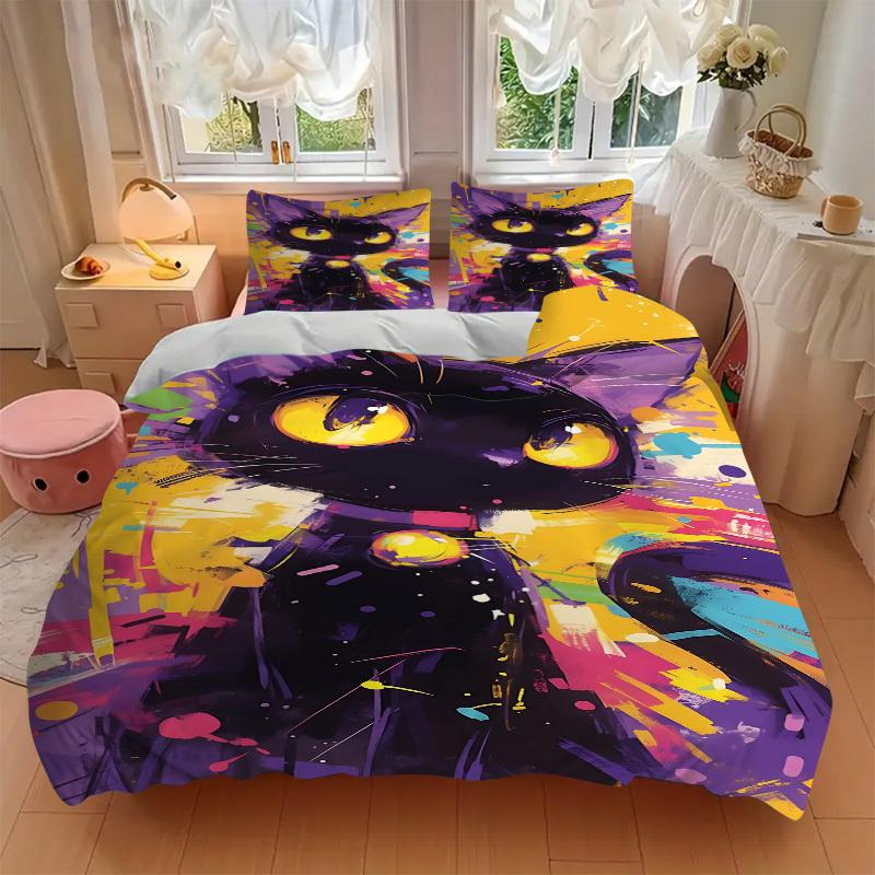 3pcs Colorful Cat Artwork Bedding Set - 1 Duvet Cover + 2 Pillowcases(Core Not Included), Machine Washable Polyester yy251216108