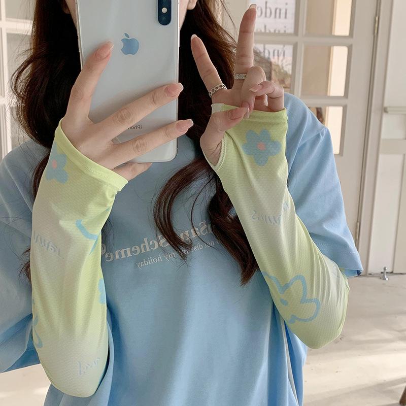 Gradient Color Floral UV Protection Sleeves for Women's Summer Cycling