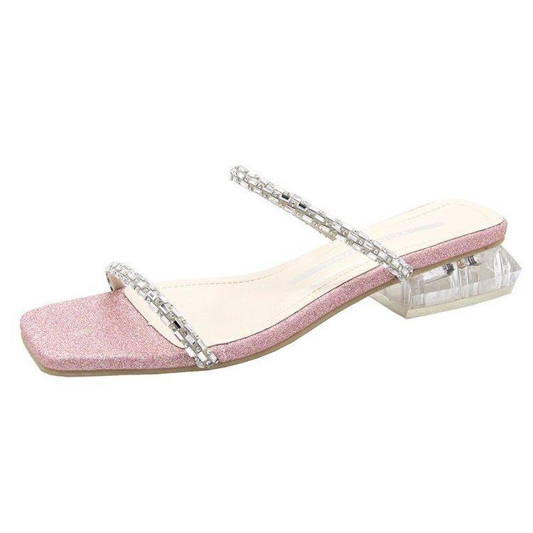 

Тапочки женская верхняя одежда весна 2025 новый толстый каблук стразы универсальный односложный модный квадратный носок кристалл сандалии женские 41 розовый