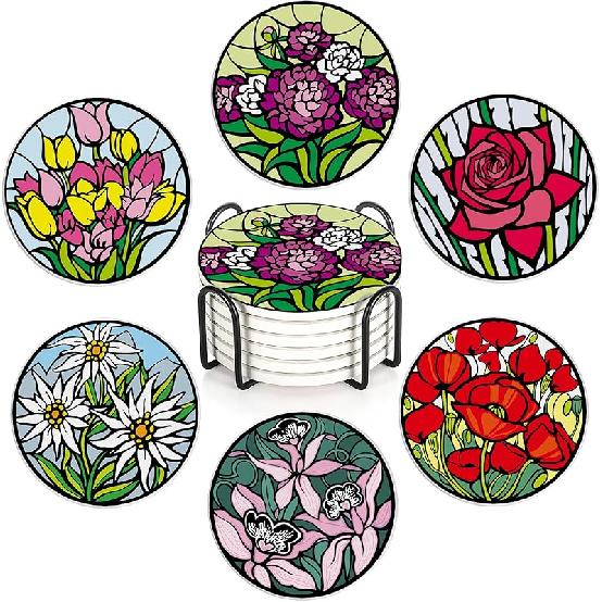 Drink Coasters Set of 6 with Holder, Cute Cats Absorbent Ceramic Coasters with Cork Base,Fit All Cups,Great Gift for Housewarming,Room