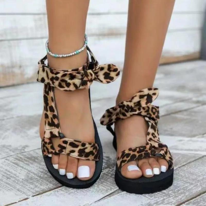 New Summer Women Casual Sandals Color Flat Casual Lace Up Bow Shoes for Ladies Fashion Outdoor Leopard Beach Mujer Plus Size 43