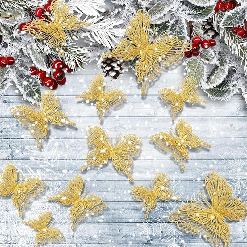 5Pcs Christmas Tree Butterfly Decor Glitter Hollow Butterfly Xmas Tree Hanging Decor Home New Year 2025 Navidad Decoration