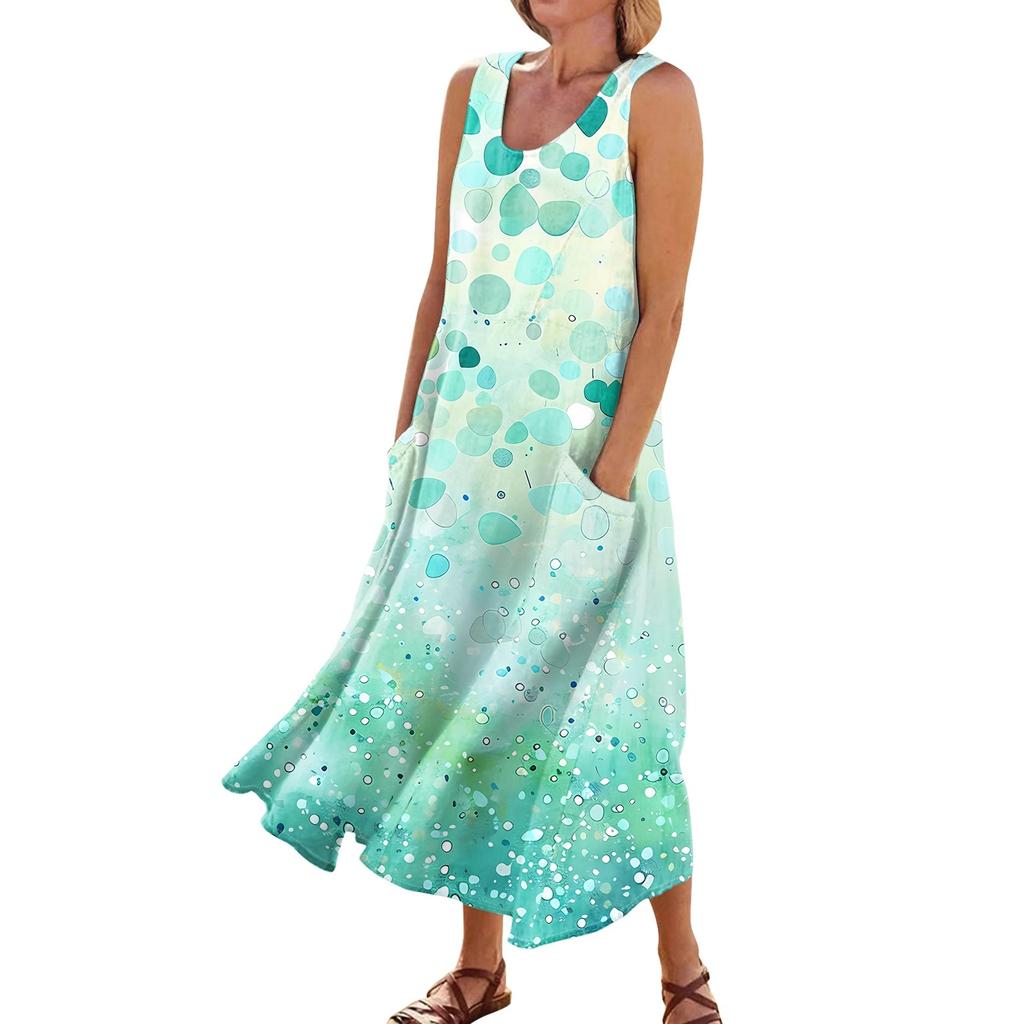 Sleeveless Dress For Women Women's Summer Casual Fashion Printed Sleeveless Round Neck Pocket Dress