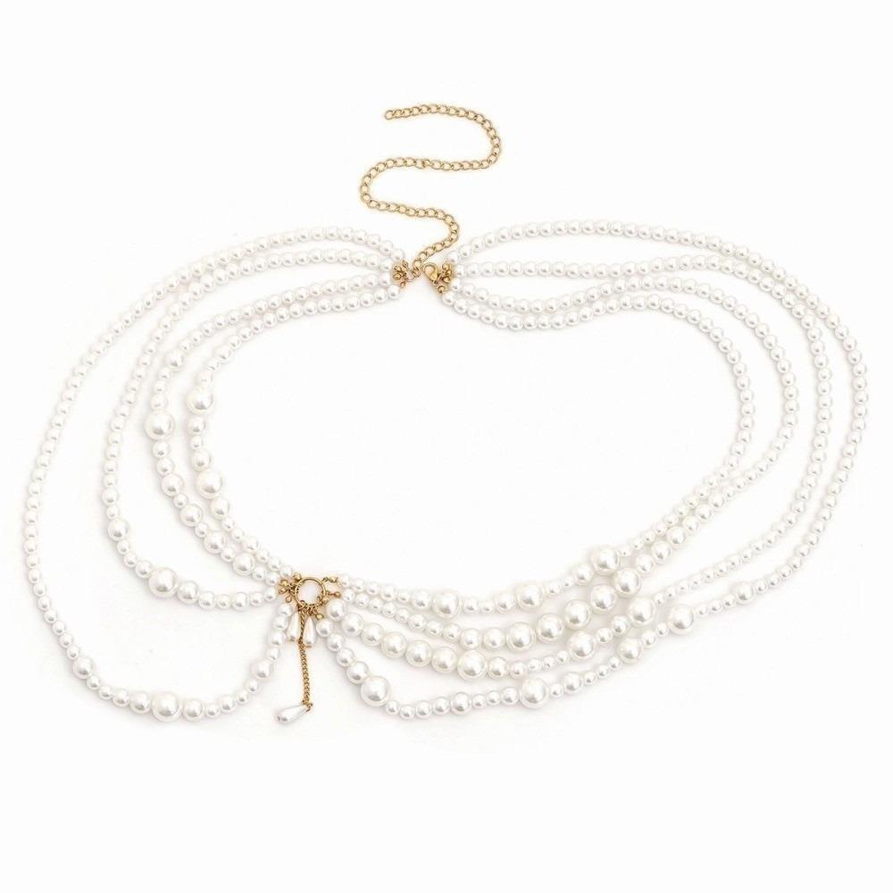 

Golden Multilayer Body Chain All-match Beadeds Body Chain Exquisite Pearl Waist Chain Party белый